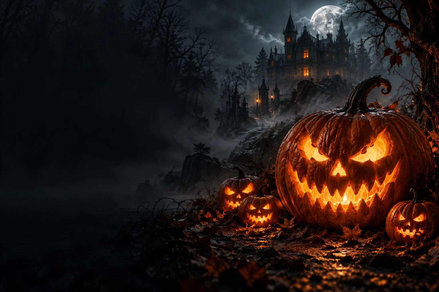 A dark manor illuminated by glowing pumpkins